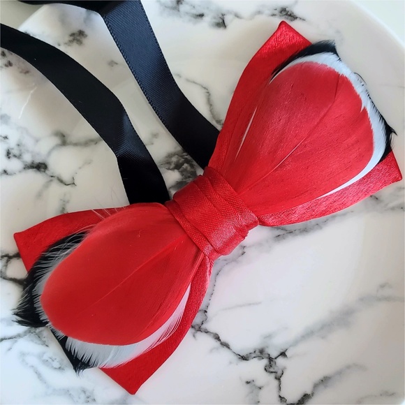 NEW Black Red Modern Groom Natural Multi layer Feather Evening Bow Tie - Picture 5 of 6